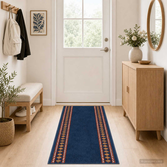 vidaXL Δερμάτινο Χαλί FLORNES Υφαντό Μπλε Διαμάντια 67 x 250 cm PP