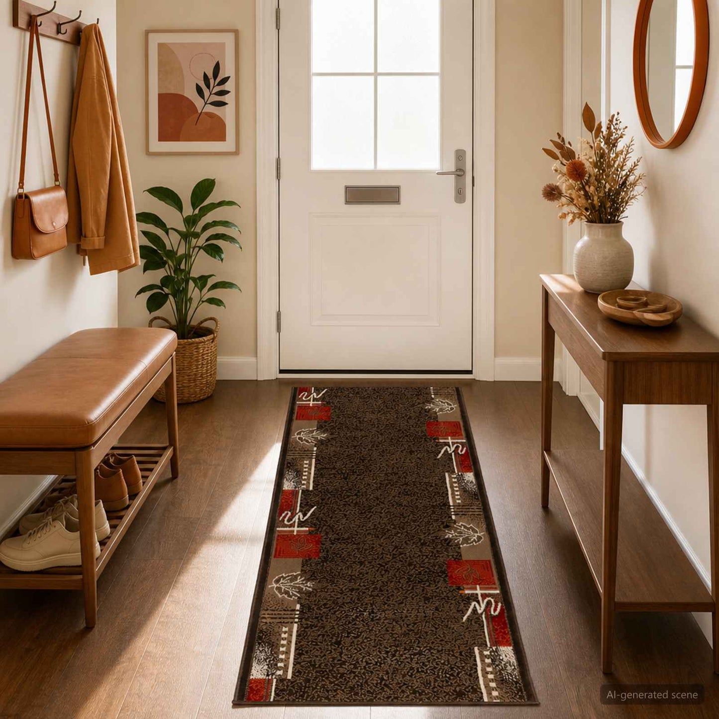 vidaXL Δερμάτινο Χαλί FLORNES Υφαντό Καφέ Φύλλα 67 x 400 cm PP 7 mm