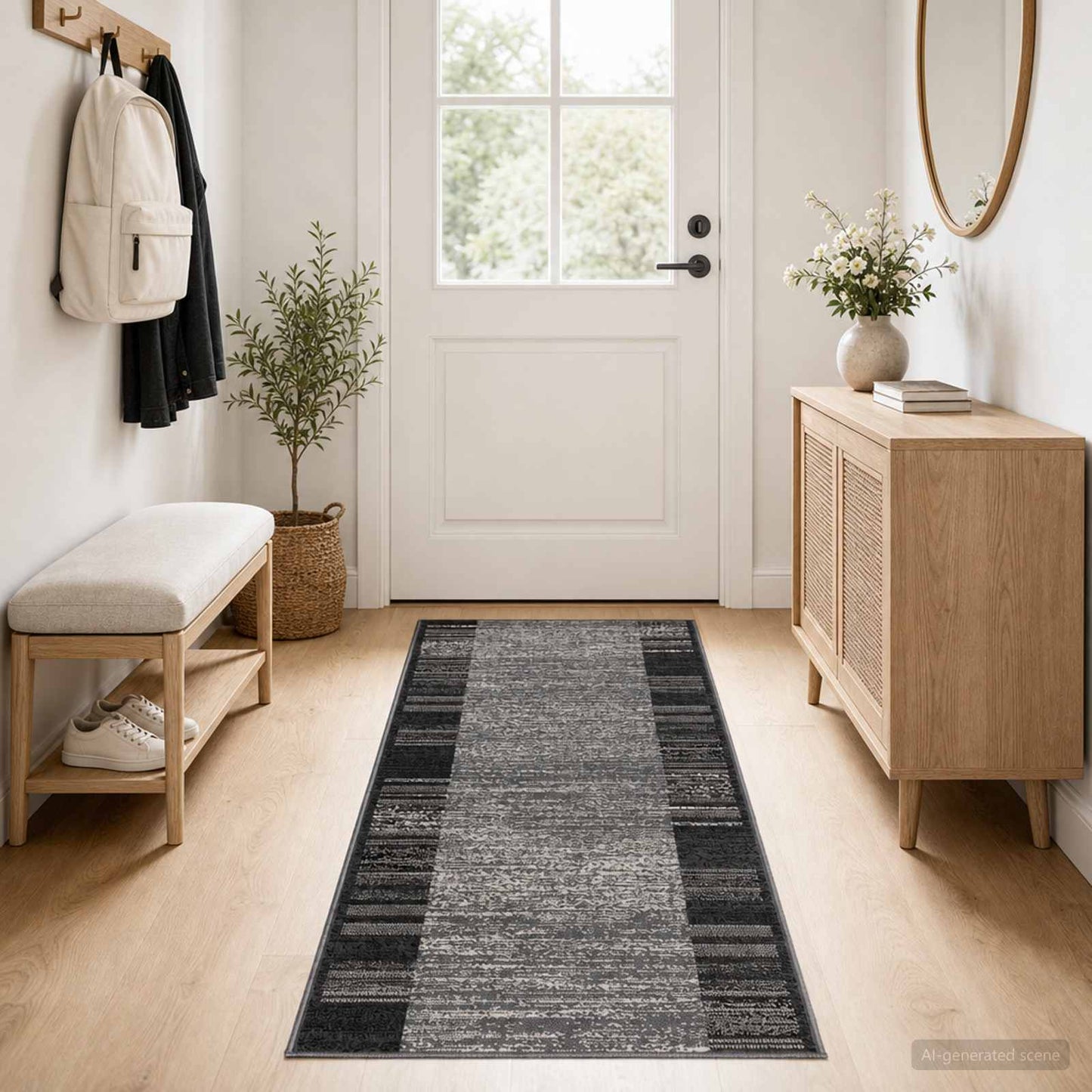 vidaXL Δερμάτινο Χαλί FLORNES Υφαντό Γκρι Ρίγες 67 x 250 cm PP 7 mm
