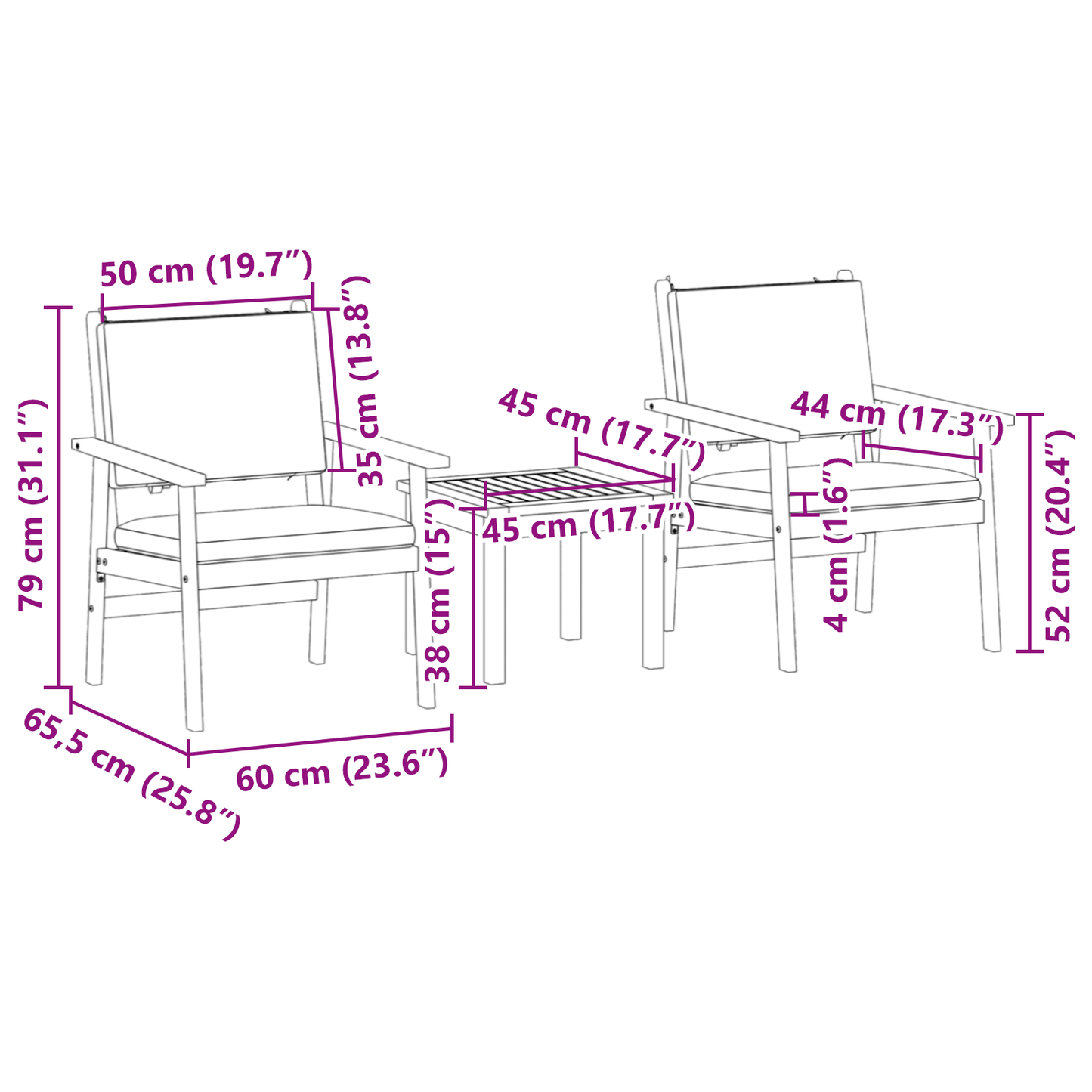 vidaXL Σετ Καναπέ Κήπου 3 pcs Καφέ 45 x 45 x 38 εκ. Μασίφ ξύλο ακακίας