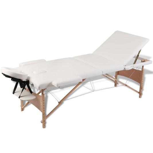 vidaXL 3-Seater Folding Massage Bed with Wooden Frame Cream White
